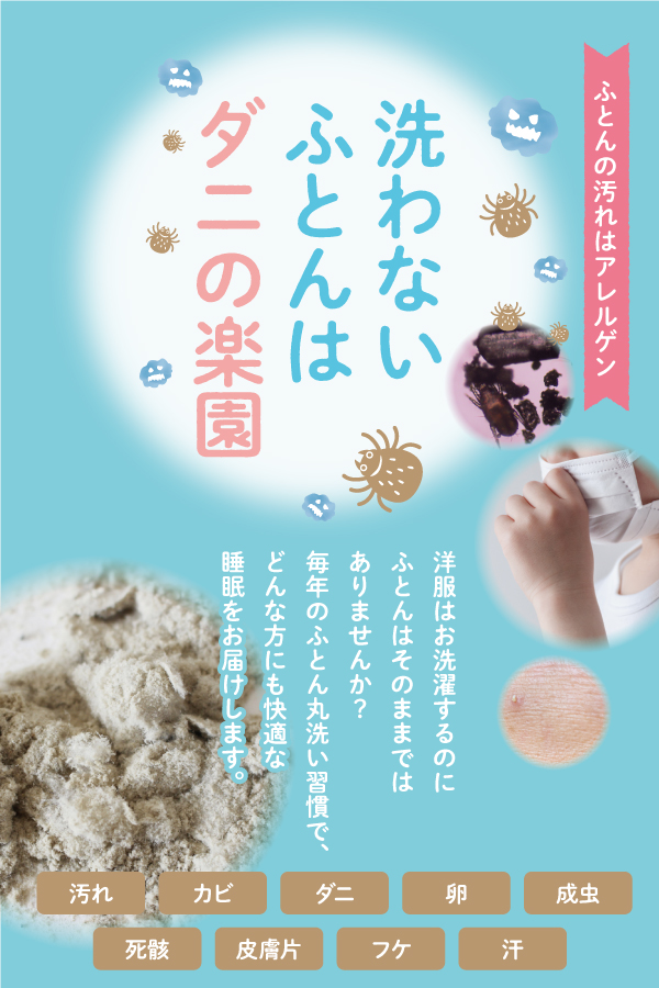 【丸ごと水洗いが必要な理由】ふとんの汚れはアレルゲン 洗わないふとんはダニの楽園